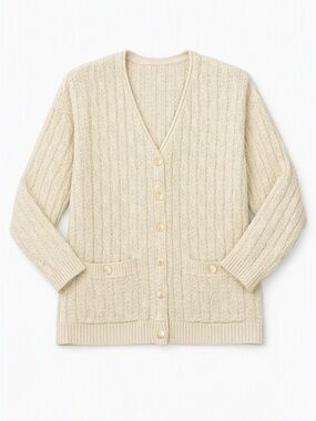 Vintage Jeanette Peters Irish Cotton Cardigan Cream Cable Knit Made Ireland (S)